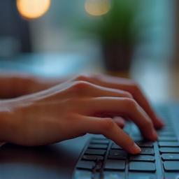 Close-up of hands typing on a keyboard, representing writing and text creation